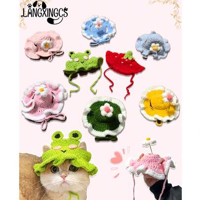  1pc LANGXINGCS Handmade Knitted Puppy Hat, Cute Cat Hat, Frog Shaped Pet Head Cover, Made Of Polyester, Funny Costume Party Hat Suitable For Small Cats
