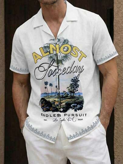 Men's Coastal Style Palm Tree Printed Shirt, Vintage Tropical Coconut Pattern Loose Camping Collar Beach Shirt, Breathable Summer Holiday Wear