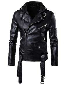 男士中世纪 PU 皮夹克 复古摩托车夹克，秋季 - 黑色 - 查看 4