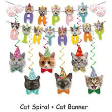 Bộ 6/15 banner chúc mừng sinh nhật chủ đề mèo, 1 bộ gồm vòng hoa và dây trang trí xoắn ốc chủ đề mèo, thích hợp cho tiệc tùng, chất liệu giấy và PE đa năng dùng trong nhà/ngoài trời, không cần điện. - Nhiều màu - Xem 8