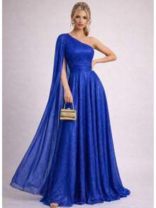 Long Party Dress With Glitter, One Sleeve, Long Cape, For Mothers Of The Bride/Groom And Bridesmaids. - 寶藍色 - 查看 1