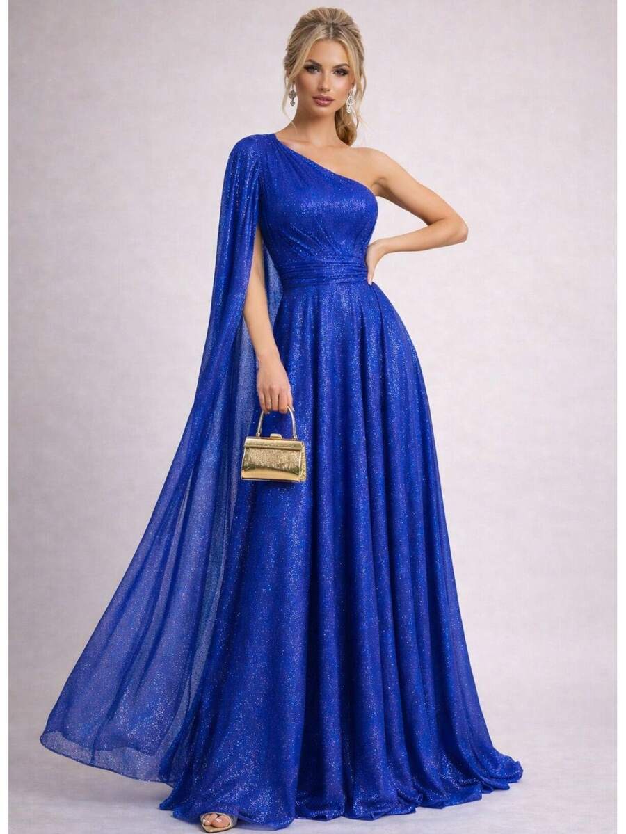 Long Party Dress With Glitter, One Sleeve, Long Cape, For Mothers Of The Bride/Groom And Bridesmaids. - 寶藍色 - 查看 1