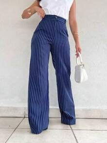 Tailored Wide Leg Palazzo Pants With Pinstripe Pattern - Azul - Ver 2