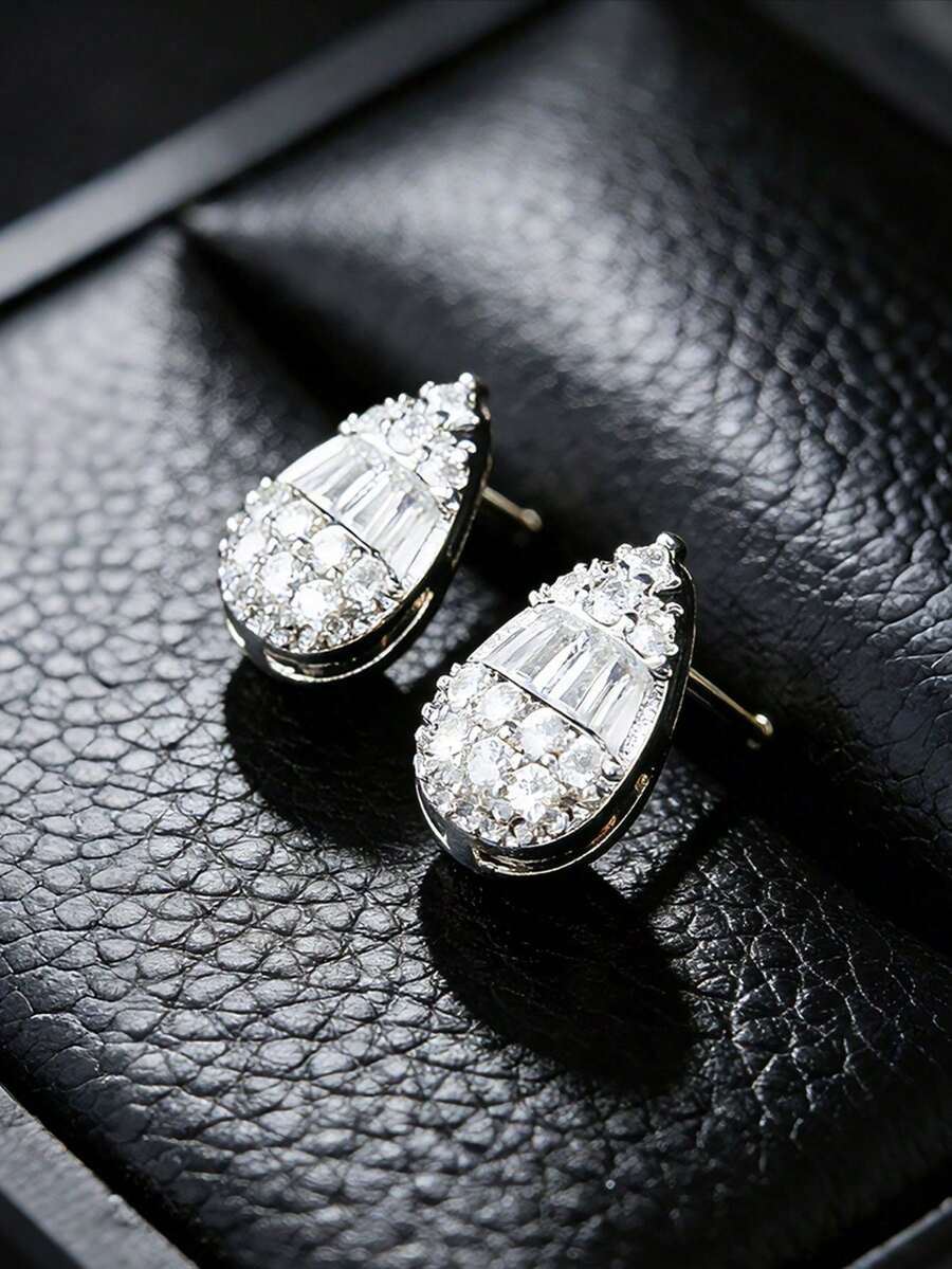 2pcs Silver-Plated Water Drop Zirconia Stud Earrings, Unisex Hip-Hop Music Festival Party Couple Gift, Birthday/Holiday Gift For Girlfriend/Couples - Earrings - View 1