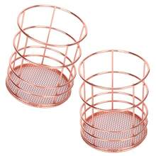 2Pcs Pen Holder Round Rose Gold Desktop Storage Basket Metal Mesh Makeup Organizer Box - Multicolor - View 11