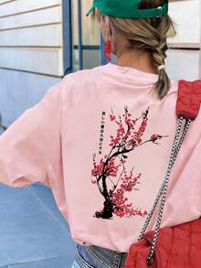 女款粉色圓領梅花印花T恤，寬鬆休閒風，適合日常穿搭與夏季度假 - 粉色 - 查看 6