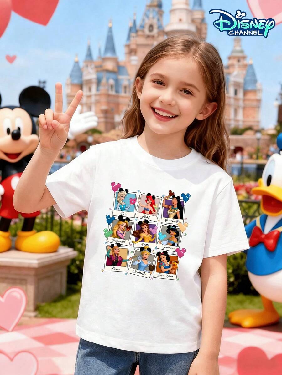 Girls' Short-Sleeved T-Shirt, Summer Disney All-Star Princess Photo Print Top, Round Neck, Skin-Friendly And Breathable Pullover, Suitable For Girls Aged 4 To 12, With High-Definition Digital Print Of Elsa, Ariel, Jasmine, Rapunzel, Belle, Pocahontas, Condi, Anna, Snow White, Nine-Grid Photo Style, Not Easy To Fade, A Must-Have Top For Theme Parks, Photo Shoots, Outings, Birthday Parties, Surprise Gifts, Everyday Wear, School Casual Play, Breathable Base Layer, Eye-Catching For Parent-Child Outings, Children's Cartoon Commemorative Style, Suitable For Inner And Outer Wear, Versatile Pullover Top For Spring, Summer And Autumn. - White - View 1