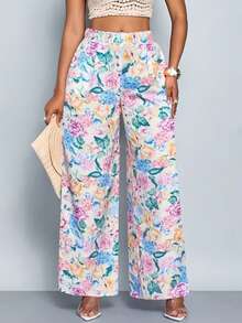 Pantalones casuales de mujer con estampado floral y cintura elástica, adecuados para vacaciones de verano y primavera - Multicolor - Ver 1