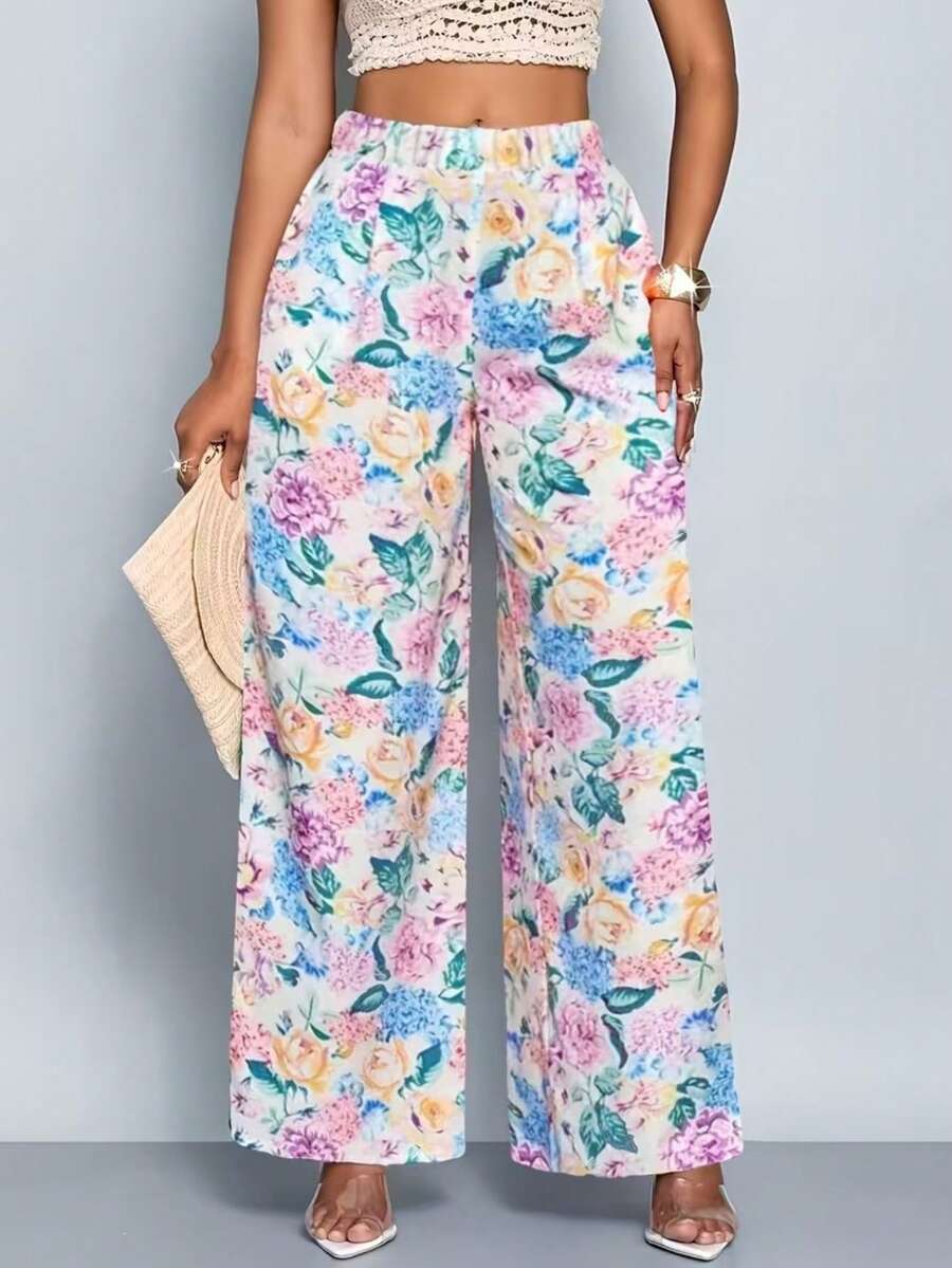 Pantalones casuales de mujer con estampado floral y cintura elástica, adecuados para vacaciones de verano y primavera - Multicolor - Ver 1