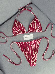 Bộ bikini 2 mảnh thời trang mới năm 2026, họa tiết vân gỗ gợi cảm, thích hợp cho hồ bơi, bãi biển, kỳ nghỉ, mùa xuân/hè, ngày Valentine, tiệc hóa trang. - Màu be đỏ rượu vang - Xem 4