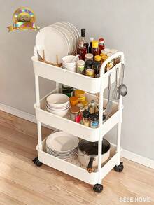 Multi-Function Rolling Storage Cart With Wheels, Plastic Woven Basket Organizer With Top Handle, Mobile Floor Standing Shelving Rack For Kitchen, Bathroom, Bedroom & Office Use - Multicolor - View 4