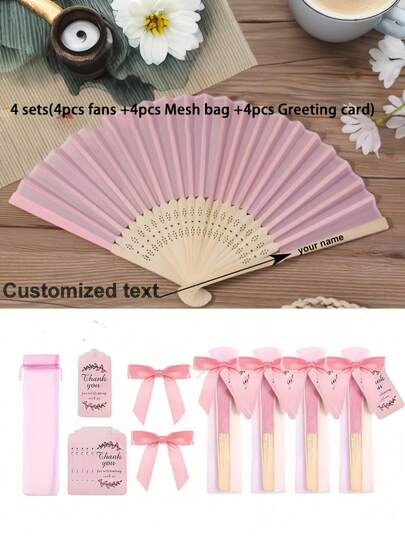 Personalized Engraved White Folding Fan, Custom Lettering Fan, Personalized Wedding Fan,1 Folding Fan + 1 Mesh Bag + 1 Greeting Card. Beautiful Pink Fabric Fans In Romantic Girly Pink, Customizable With Exclusive Logo. Includes Fans, Mesh Bags, And Greeting Cards. The Perfect Gift Choice. Ladies' Handheld Folding Fans