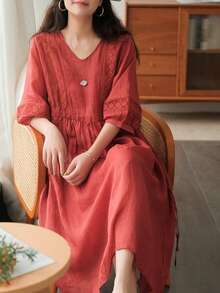 舒适时尚的V领七分袖系腰连衣裙，优雅复古蕾丝拼接闪亮度假连衣裙，春季款 - 紅色 - 查看 2