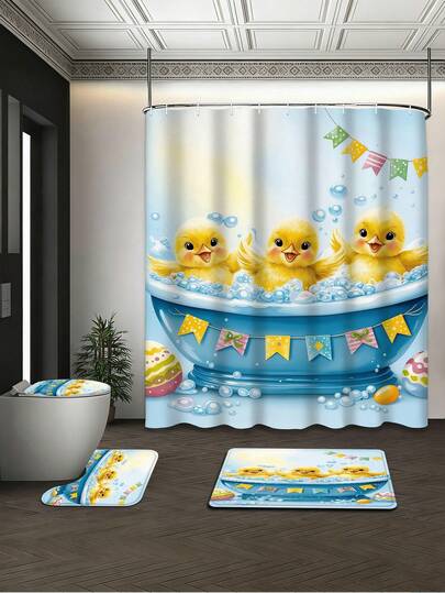 4pcs Cute Easter Duckling Bath Set, Joyful Spring Bathroom Decor Including Shower Curtain, Toilet Seat Cover, Non-Slip Bath Mat And 12 Hooks, Waterproof Polyester Material, Easter Decorations