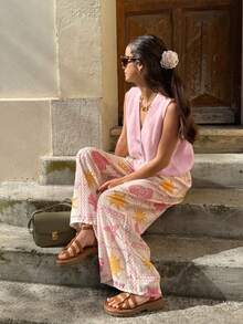 Áo vest dệt kim dáng rộng, cổ chữ V, cài cúc phía trước, không tay, kiểu dáng dễ thương, thích hợp cho mùa xuân/hè, màu hồng. - Hồng - Xem 4