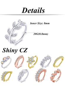 10件套Y2K复古风不锈钢20G鼻环套装，镶嵌闪亮立方氧化锆和叶子吊坠，适合女性日常佩戴和约会。 - 多款式 - 查看 5