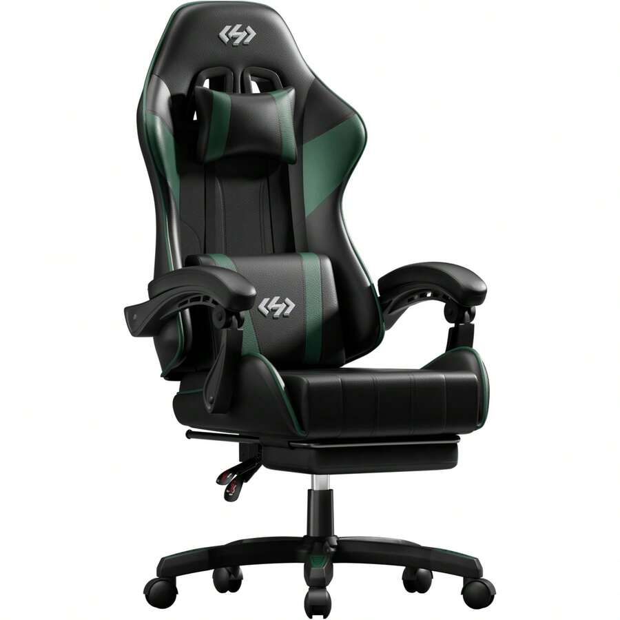 HLDIRECT Gaming Chair, Ergonomic Computer Office Chair With Lumbar Support Footrest Headrest, Adjustable Height & Backrest Angle Video Gamer Chair, PU Leather, 360° Swivel, Adult,Black - Black and Green - View 1