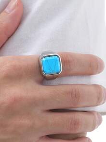 1pc Minimalist Stainless Steel Turquoise Gemstone Ring, Men's Jewelry - Multicolor - View 9