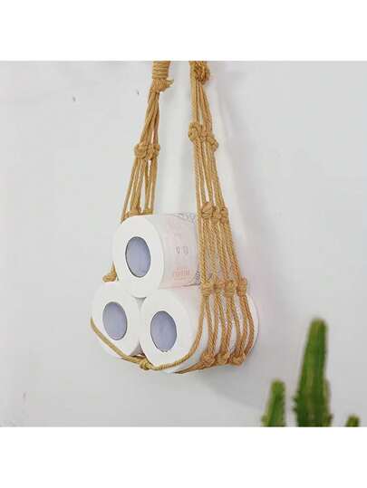 1pc Macrame Hanging Fruit Net ,Boho Chic Rope Wall Hanging Storage Organizer | Versatile Fabric Pocket With Toilet Paper Roll Holder - Rustic Bohemian Wall Decor For Home Organization,Theme Party, Festival Celebration Event, Home Decoration