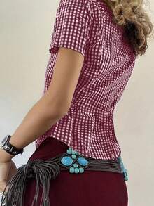 Áo sơ mi ngắn tay cổ bẻ ôm sát người bằng cotton, cài nút, kiểu dáng preppy màu tím kẻ caro, phong cách Y2K nữ tính, thích hợp cho mùa tựu trường. - Màu đỏ tím - Xem 7