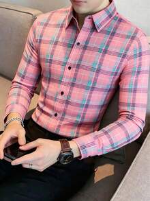 Men's Pink Plaid Shirt - 西瓜粉 - 查看 4