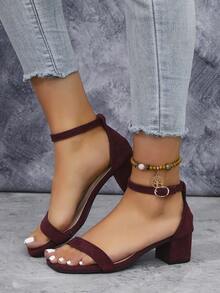 女士方头绑带凉鞋，纯色哥特波西米亚风优雅时尚休闲夜店风面料荷叶边/褶边高跟凉鞋，适合办公室、居家、户外、婚礼、节日、夏季等场合。 - 酒紅色 - 查看 4