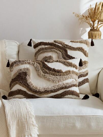 1pc Brown Marble Texture Velvet Embroidered Throw Pillow Cover, Bohemian Geometric Pattern Cushion Cover, Suitable For Indoor Decor, All Season Tassel Decor Pillowcase, Pillow Insert Not Included