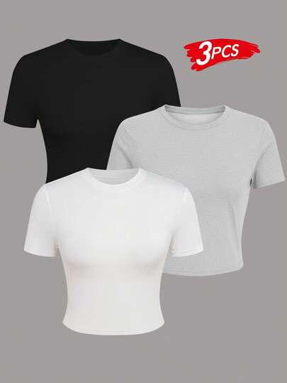 三件套短款T恤套装。圆领，直肩，短袖T恤，常规版型，略带弹性，适合春夏穿着，是户外活动、运动、旅行、城市漫步等的理想之选。舒适百搭。三件套短款T恤套装。女士短款上衣、女士短袖T恤、女士运动短款上衣、夏季短袖运动跑步上衣。