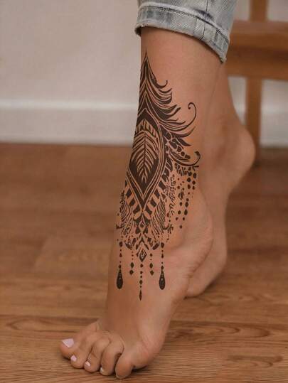 1pc Fashionable Cool Temporary Tattoo Sticker, Couple Fake Black Tattoo, One-Time Use, Feather, Chain, Mandala Pattern, Waterproof, Non-Reflective, Easy To Apply And Remove, Highly Realistic, Suitable For Women's Arms, Feet, Legs, Music Festival Party Supplies