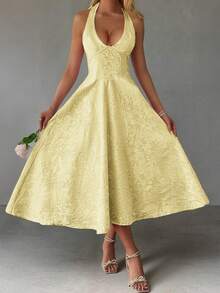 Unadoll 女士性感露背吊带连衣裙，3D提花面料，优雅款式，适合晚宴、约会、学校开学典礼、鸡尾酒会、婚礼、圣诞节、感恩节等夏季场合。 - 黃色 - 查看 8