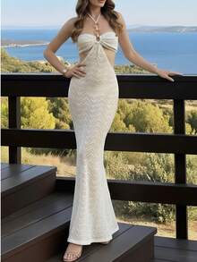Women's Halter Neck Cutout Mermaid Maxi Dress - Elegant Knit Leaf Pattern Evening Gown For Beach Vacation & Formal Events,Holiday Outfits For Women - Apricot - View 4