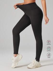 High Waist Double Pocket Lifting & Slimming Yoga Pants, Fitness Leggings, Outdoor Tight Pants - Black - View 7