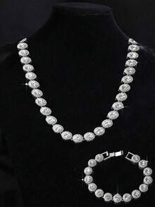 2pcs Luxury Rhinestone Encrusted Round Necklace + Bracelet Set, Gift For Mother, Girlfriend, Birthday, Holiday - Multicolor - View 2