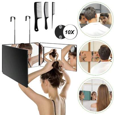 360° Rotating 3-Way Mirror With Adjustable Height & Hooks - Perfect For Self-Haircuts & Makeup Application, No Batteries Required Portable Makeup Mirror Compact Makeup Mirrors