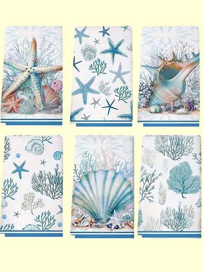 6pcs Set Coastal Ocean Kitchen Towels - Super Soft Polyester Dish Cloths, Machine Washable, Absorbent Coral And Starfish Nautical Tea Towels, Suitable For Farmhouse Kitchen Bathroom Decor, Cartoon Style Modern Woven Towels - Summer Gift