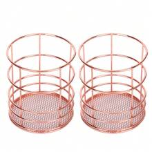 2Pcs Pen Holder Round Rose Gold Desktop Storage Basket Metal Mesh Makeup Organizer Box - Multicolor - View 9