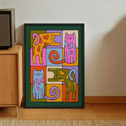 1pc Colorful Whimsical Cat Wall Art Picture Mid Century Modern Quirky Cat Canvas Print Paintings|Groovy 70s Style Abstract Animal Decorations For Bedroom,Kids Room,Living Room Or Office Home Decor,Fun Apartment Essentials,Maximalist Pop Art Poster, Cat Lovers Gift For Her,Unframed Or Framed