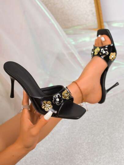 Women's Black High Heel Summer Slide Sandals, Square Toe, Rhinestone Flower Decor, Fashion Versatile Slip-On Dress Sandals, Suitable For Wedding, Party, Outdoor Wear