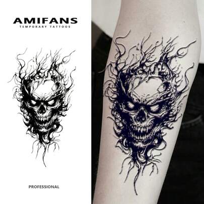 AMIFANS 火焰骷髅临时纹身贴纸，半永久纹身，可持续1-2周，持久耐用，果汁纹身贴纸，逼真纹身贴纸，浪漫纹身贴纸，仿真纹身贴纸，防水，外观逼真，小众设计纹身贴纸，水果纹身贴纸，植物纹身贴纸