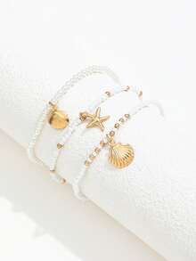 Set Gelang Kaki Fashion Gaya Bohemian 3 Buah dengan Manik-Manik Paduan Logam, Kerang & Bintang Laut, Gelang Kaki Tali Elastis Manik-Manik Berlapis untuk Wanita - Emas - View 2