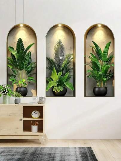 1-3pcs Nordic Arch Window Planter Wall Stickers, Green Plant Theme Decals, Waterproof PVC Material, Easy To Apply And Remove, Suitable For Home Decor, Bathroom, Room, Living Room, Dressing Room, Wardrobe, Study, Porch, Wall Beautification