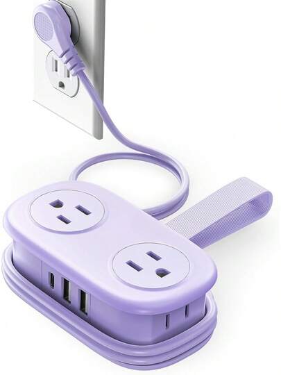 Regleta Multicontacto de Viaje Compacta, 4 Tomas con 3 Puertos USB Incluyendo 1 Tipo C, Cable Extensor de 1.6m, Diseño Pequeño Ligero, Ideal para Viajes, Hotel y Cruceros, Protección Segura Color Morado