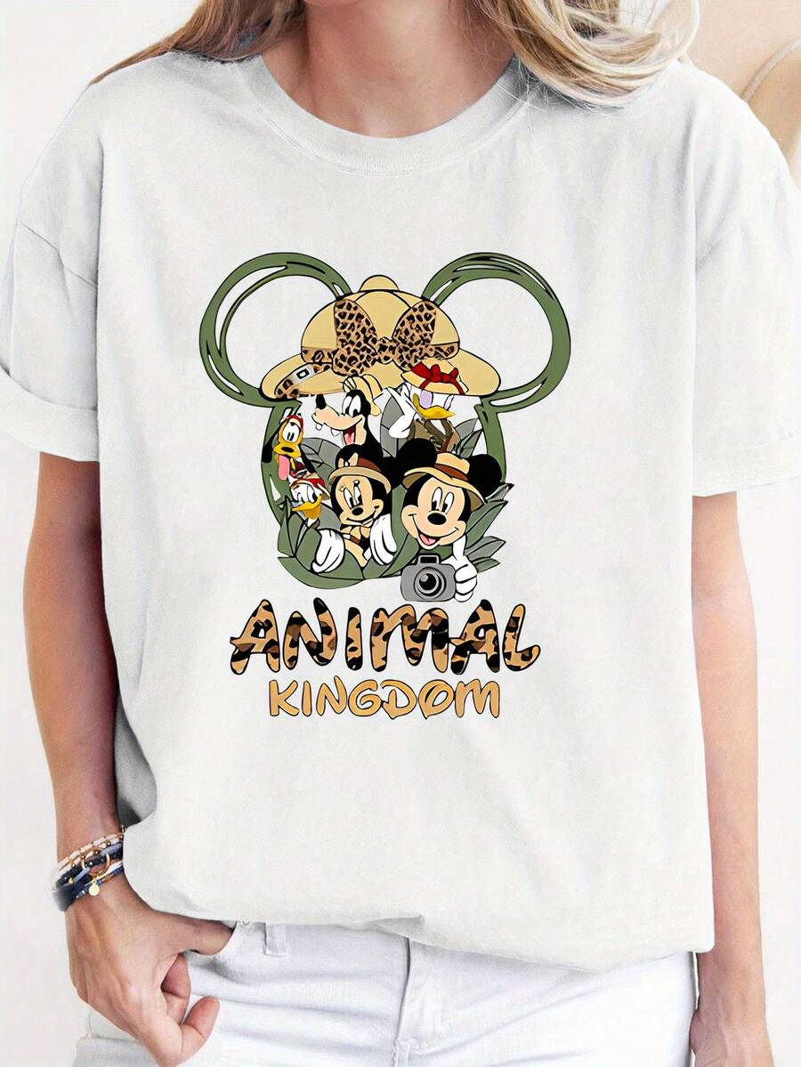 Disney (Loose Version)Cute Women's Animal Kingdom Mickey Mouse Print Cotton T-Shirt Short Sleeve Round Neck Regular Fit Top Short-Sleeved Round Neck Casual Shirt Necessary In Summer, Suitable For Summer And Spring, Holiday Gift Party Clothing, Ladies' Clothing. - trắng - Xem 1