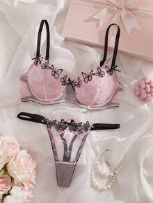 黑色和粉色撞色蝴蝶刺绣舒适日常文胸内裤套装，性感女士内衣套装 - 黑粉紅色 - 查看 3