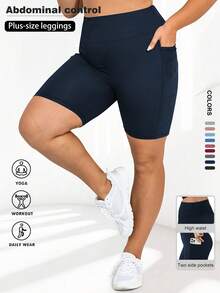 Plus Size Women's Lightweight Cycling Shorts, High Waist Fitness Running Stretchy Tummy Control Shorts With Pockets Sports - Navy Blue - View 3