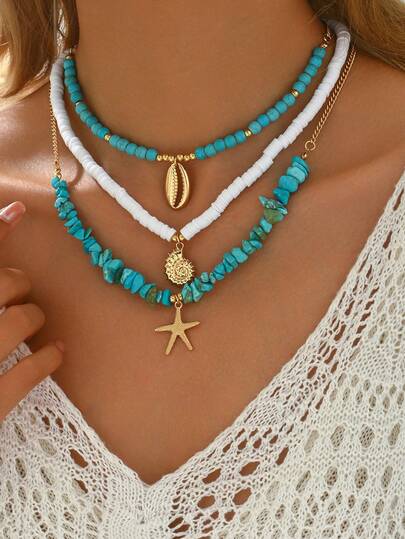 3pcs/Set Soft Clay Turquoise Necklace With Metal Seashell, Conch, Starfish Pendants, Suitable For Daily Wear And Beach Vacation