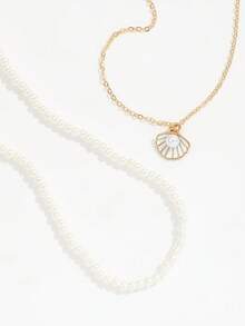 2pcs Ocean Style Enamel Scallop & Pearl Pendant Necklace, Faux Pearl Beaded Chain Double Layer Necklace For Women - Gold - View 5
