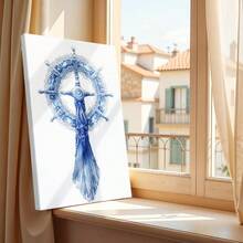 1 pza Arte de pared de verano azul, decoración de playa, cuadro de lienzo con marco, póster vintage, rueda, cuerda, elemento decorativo - Abstracto, decorativo, estilo minimalista, decoración para sala, dormitorio u oficina, incluye herrajes - Vertical - Lienzo enmarcado - Ver 8