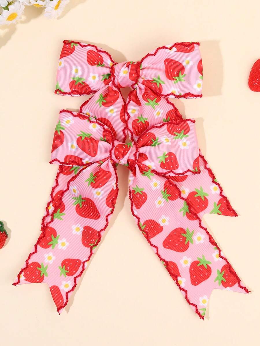 Bộ 2 kẹp tóc nơ satin màu hồng họa tiết hoa dâu tây cho bé gái, kẹp tóc nơ hình trái cây ngọt ngào, phụ kiện tóc thường ngày cho tuổi teen. - Đỏ - Xem 1