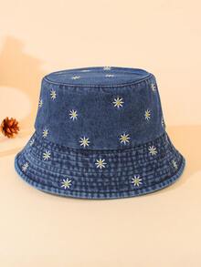 1 pieza Sombrero de cubo de mezclilla lavada con bordado de margarita de verano - 1PC - Ver 13